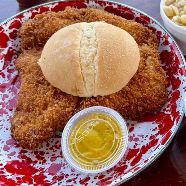Cindy Lou's BBQ fried pork tenderloin sandwich on a red and white splatter plate with sauce.